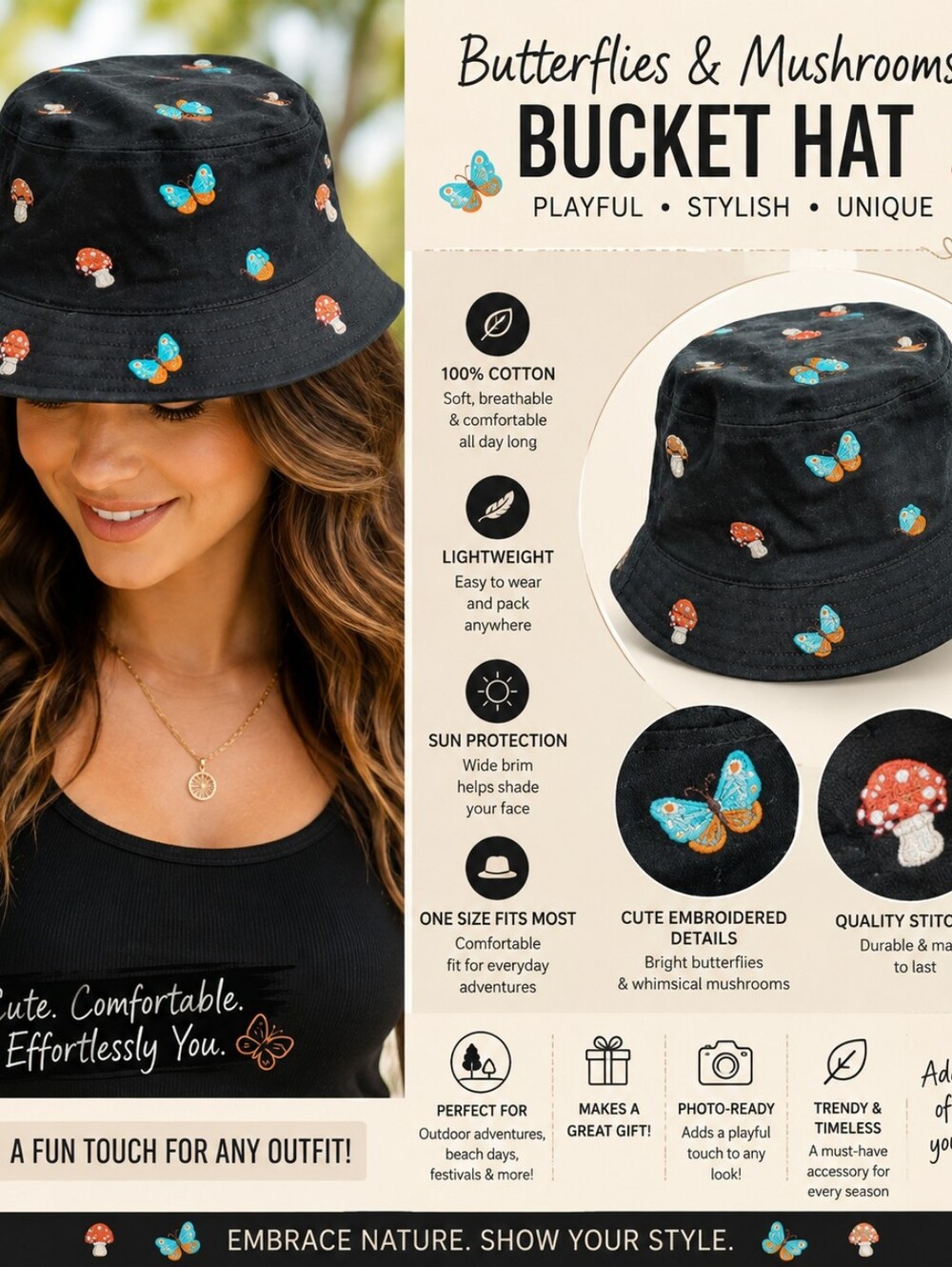 Hot Topic Black Bucket Hat with Embroidered Butterflies & Red Mushrooms